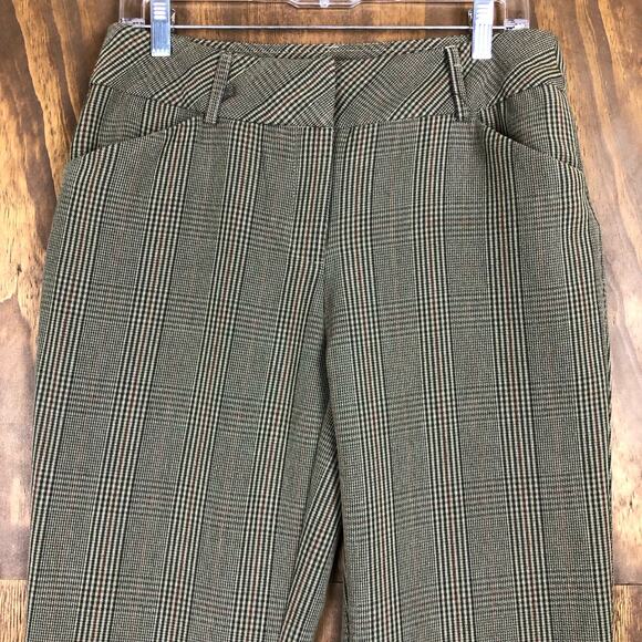Roz & Ali Womens Pants Brown Green Checkered Plaid Workwear High Rise Stretch 8 - Picture 2 of 11